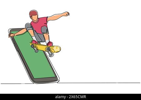 Continu d'une ligne dessinant skateboarder homme chevauchant le skateboard et faisant le tour de saut en sortant de l'écran du smartphone. Matchs de sport mobiles. Ska en ligne Illustration de Vecteur