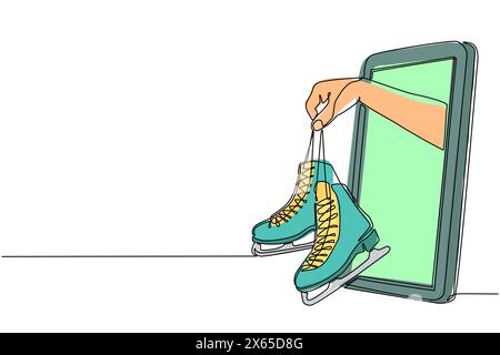 Le joueur de dessin continu à une ligne tient les patins à glace par téléphone portable. Smartphone avec application de jeux de patinage sur glace. Championshi de flux de sport mobile Illustration de Vecteur
