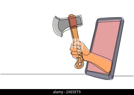 Main de dessin de ligne continue unique tenant des axes en bois par téléphone portable. Concept de jeux de bûcheron mobile, application de divertissement pour smartp Illustration de Vecteur