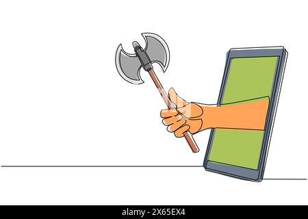 Main de dessin de ligne continue unique tenant une hache à deux côtés par téléphone mobile. Concept de jeux vidéo, e-sport, application de divertissement pour smartph Illustration de Vecteur