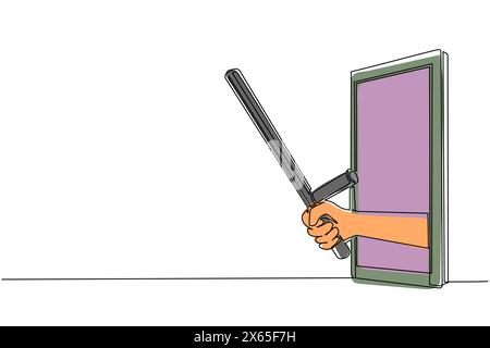 Main de dessin simple d'une ligne tenant la batte de police par téléphone portable. Concept de jeux vidéo d'officier, e-sport, application de divertissement pour smartphon Illustration de Vecteur