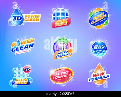 Emblèmes de désinfectant pour lessive. Gel de lavage et détergent en poudre pour modèle d'étiquette de vêtements, produits de nettoyage et d'hygiène, savon à lessive avec des bulles Illustration de Vecteur