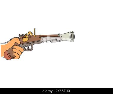 Main de dessin au trait continu simple tenant un vieux pistolet à sifflet. Pistolet arme de poing Flintlock antique. Pirate rétro en bois silex militaire. Vin Illustration de Vecteur