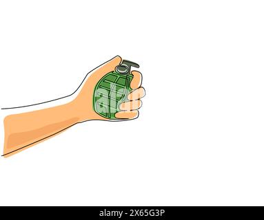 Grenade à main à dessin unique à une ligne. Icône de symbole d'équipement d'arme explosive armée isolée. Arme de soldat individuelle offensive. Contin moderne Illustration de Vecteur