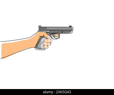 Dessin continu d'une ligne main tenant le tir au pistolet. Pistolet puissant. Munitions pour armes à feu de l'armée militaire. Arme de calibre de main de bras de police. Chantez Illustration de Vecteur