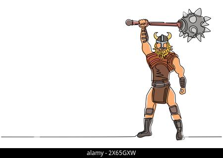 Une seule ligne continue dessinant l'homme nordique tenant la masse en l'air. Vecteur de guerrier portant une armure de guerre viking. Personnage de Pagan et scandinavie Illustration de Vecteur