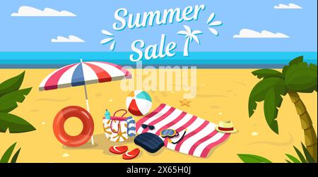 Bannière de plage d'été. Affiche de vacances tropicales avec palmiers et vagues de l'océan. Modèle de promotion de vacances d'été de vecteur Illustration de Vecteur