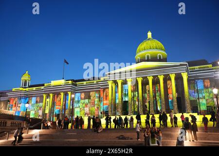 Pékin, Chine. 9 mai 2024. Cette photo prise le 9 mai 2024 montre la répétition d'un spectacle de projection de lumière pour le 200e anniversaire de la National Gallery à Londres, Grande-Bretagne. La National Gallery of the United Kingdom (UK), basée à Londres, a lancé vendredi une série d'événements pour commémorer son 200e anniversaire. Crédit : Zheng Bofei/Xinhua/Alamy Live News Banque D'Images