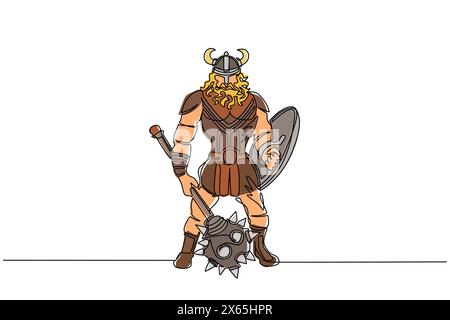 Ligne continue unique dessinant l'homme guerrier viking dans un casque à cornes tenant la masse et le bouclier. Personnage de dessin animé mâle avec arme debout dans belligérant Illustration de Vecteur