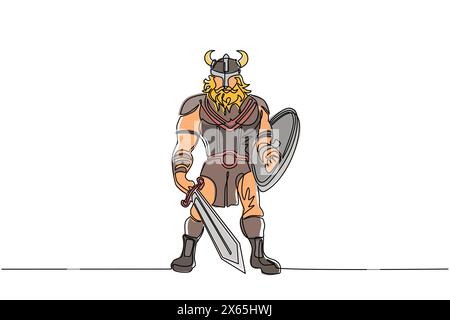 Ligne continue unique dessinant l'homme guerrier viking dans un casque à cornes tenant l'épée et le bouclier. Personnage de dessin animé mâle avec arme debout dans belligeren Illustration de Vecteur