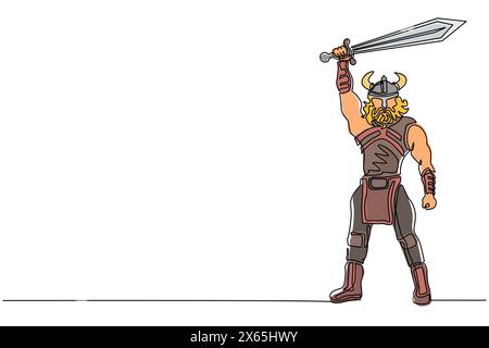 Une seule ligne continue dessinant l'homme nordique tenant l'épée en l'air. Vecteur de guerrier portant une armure de guerre viking. Personnage de Pagan et scandinavi Illustration de Vecteur
