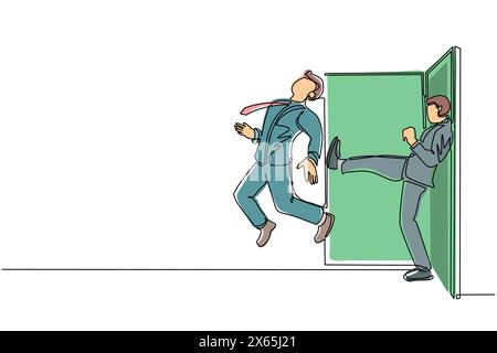 Un simple homme d'affaires de dessin d'une ligne se fait expulser de la porte. Licencié de son travail. Concept d'entreprise de chômage. Le patron donne un coup de pied à un employé inutile. Mo Illustration de Vecteur