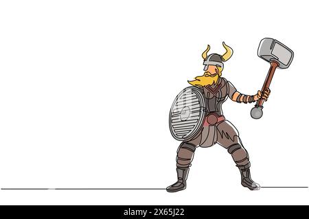 Une ligne continue dessinant un grand guerrier orange musclé viking avec un marteau et un bouclier furieusement attaquer. Viking en casque corné tenant le marteau Illustration de Vecteur