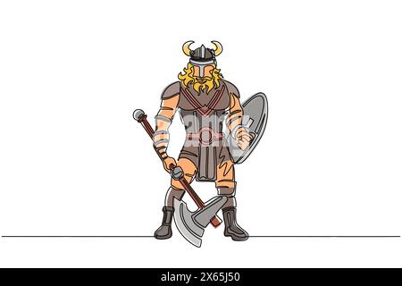 Continu d'une ligne dessinant l'homme guerrier viking dans un casque corné tenant la hache et le bouclier. Personnage de dessin animé mâle avec arme debout dans la position belligérante Illustration de Vecteur