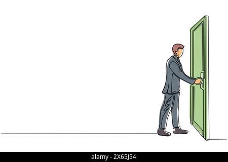 Homme d'affaires de dessin de ligne continue simple tenant un bouton de porte. Salle d'entrée dans l'immeuble de bureaux. Homme tenant le bouton de la porte pour ouvrir la porte et entrer dans le travail sp Illustration de Vecteur