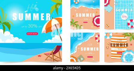 Ensemble de modèle de publication de médias sociaux d'été avec espace pour le texte. pour affiche, invitation et couverture avec feuilles tropicales, formes et textures Illustration de Vecteur