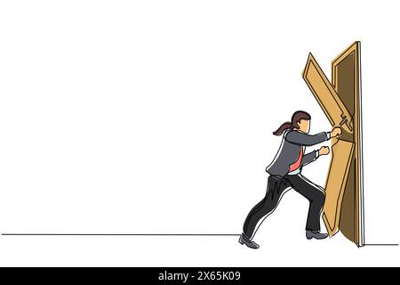 Une ligne continue dessinant la jeune femme d'affaires frappant et détruisant la porte. Éliminer la barrière des entrées, surmonter les défis, détruire l'obstacle Illustration de Vecteur