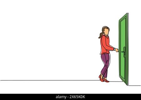 Continue d'une ligne dessinant femme d'affaires insère la clé dans le trou de serrure qui est sur la porte. La femme ouvre la porte du bureau avec la clé. Succès busine Illustration de Vecteur