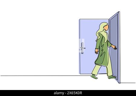 Continue une ligne dessinant une femme d'affaires arabe entre dans la pièce par la porte. Femme marchant jusqu'à la porte ouverte. Commencer la nouvelle journée au bureau. Société commerciale Illustration de Vecteur