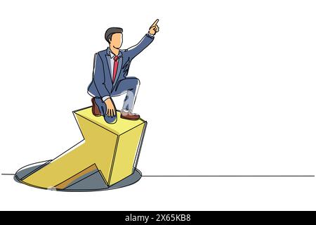 Simple une ligne dessinant homme d'affaires debout sur des flèches sortant de trous. Homme dirigeant le graphe financier sortant du trou. Concept de croissance de l'entreprise. Mod Illustration de Vecteur