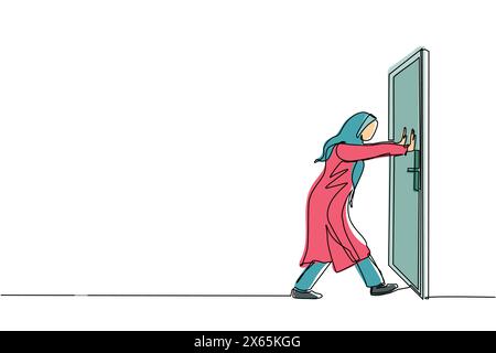 Continu une ligne dessinant la femme d'affaires arabe pousse la porte fermée sur la porte en bois blanc. Les difficultés commerciales. La force du succès. Ouverture fermée do Illustration de Vecteur