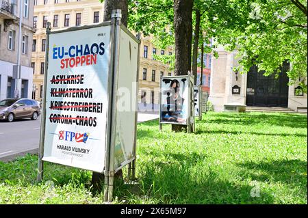 Vienne, Autriche. 13 mai 2024. FPÖ affiches pour les élections européennes de 2024 avec le FPÖ premier candidat Harald Vilimsky Banque D'Images