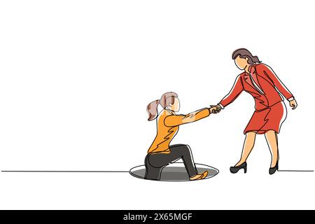 Continue d'une ligne dessinant femme d'affaires aider son ami en la prenant hors du trou. Deux femmes dont une aide une autre. Les difficultés commerciales. Singl Illustration de Vecteur