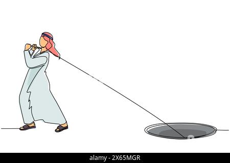 Simple ligne continue dessinant homme d'affaires arabe essayant dur tirant la corde pour faire glisser quelque chose du trou, métaphore à faire face à un grand problème. Stru d'affaires Illustration de Vecteur