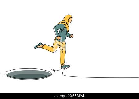 Ligne continue unique dessinant femme d'affaires arabe sautant par le trou, métaphore à faire face à un grand problème. Les difficultés commerciales. La force du succès Illustration de Vecteur