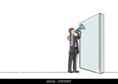 Continu une ligne dessinant homme d'affaires tenant mégaphone debout devant le mur. L'homme crie sur le mégaphone. Le leader annonce les promotions de carrière. Chantez Illustration de Vecteur