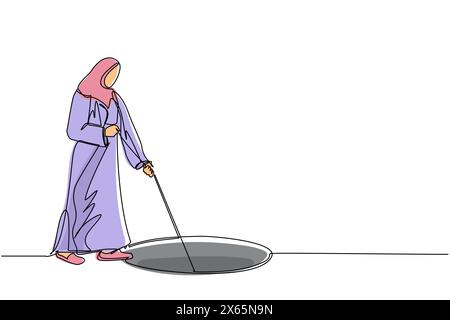 Continue d'une ligne dessinant une femme d'affaires arabe étirer la corde dans le trou. Femme se demandant, regardant le grand trou, concept d'affaires dans l'opportunité, expl Illustration de Vecteur