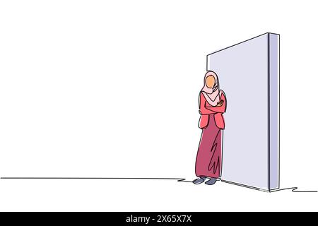 Simple une ligne dessinant femme d'affaires arabe debout et s'appuyant contre le mur, pensant quelque chose sur la nouvelle société d'affaires. Pleine longueur ou corps. Conti Illustration de Vecteur