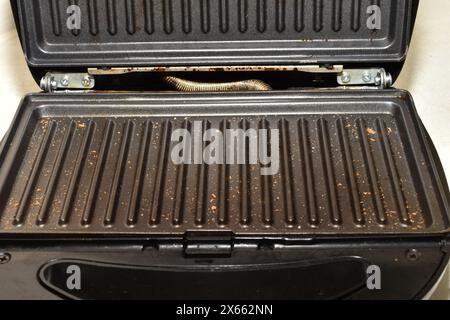 La photo montre une machine à sandwich ouverte, avec des miettes de pain grillé cuit sur la surface nervurée du gril. Banque D'Images