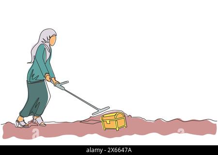 Continue d'une ligne dessinant femme d'affaires arabe avec détecteur de métaux à la recherche d'un coffre au trésor. Femme chercheuse de trésor avec détecteur de métaux trouvant Preci Illustration de Vecteur