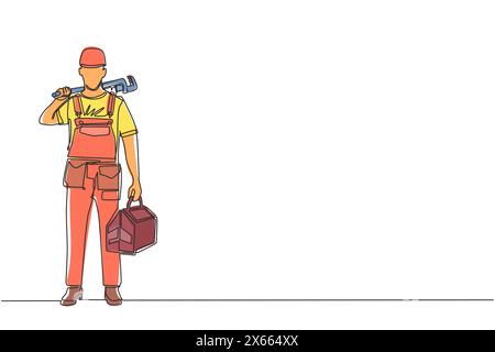 Dessin continu d'une ligne homme plombier tenant la clé et la boîte à outils dans les mains est isolé. Personnage professionnel de service en uniforme prêt pour Illustration de Vecteur