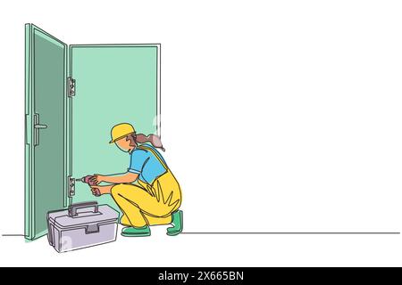Service de porte de dessin d'une seule ligne. Réparatrice dans l'uniforme avec élément de porte de réparation d'équipement spécial. Serrurier fixe la serrure. Construction se Illustration de Vecteur