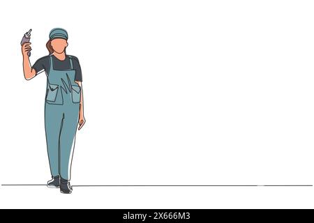 Travailleur de femme dessinant une ligne unique tenant l'outil de perceuse électrique pour la réparation. Builder en uniforme. Handywoman en salopette. Réparatrice avec instrument. Illustration de Vecteur
