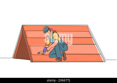 Dessin continu d'une ligne couvreur installant des bardeaux de bois ou de bitume. Roofer femme fixant le toit de la maison avec tournevis électrique. Travailleuse réparatrice Illustration de Vecteur