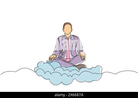 Continu d'un trait dessinant employé de bureau ou homme d'affaires se détend et médite en position de lotus sur les nuages. Homme joyeux se relaxant avec du yoga ou de la méditat Illustration de Vecteur