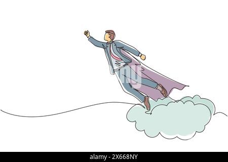 Une seule ligne continue dessinant un super-héros d'homme d'affaires vole vers le haut et laisse un nuage de poussière. Super travailleur en manteau de robe décolle. Bus d'alimentation et d'unicité Illustration de Vecteur