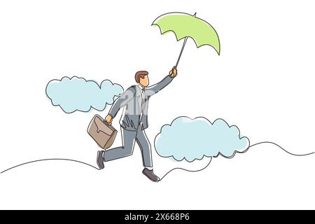 Simple une ligne dessinant heureux homme d'affaires riche volant avec son parapluie tenant mallette. Les employés de bureau accèdent à l'indépendance financière. Continu Illustration de Vecteur