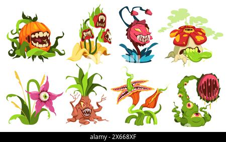 Mauvaises plantes carnivores. Monstres botaniques effrayants, flore prédatrice dentée de conte de fées, fleurs laides en colère, personnages fantastiques. Effrayant Alien dessin animé plat Illustration de Vecteur