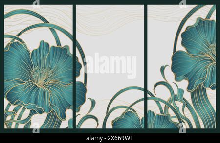 Élégant prestigieux modèle de fond Art Déco avec des fleurs. Le luxe du design est fait pour le motif Art Déco avec des couleurs vertes et dorées. Illustration de Vecteur