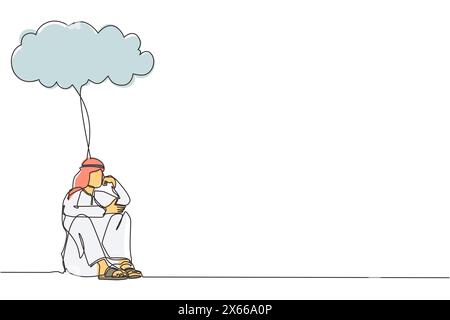 Ligne continue unique dessinant homme d'affaires arabe se sentant triste, dépression assis sous la pluie et les nuages. Malheureuse solitude déprimée triste travailleur en St Illustration de Vecteur