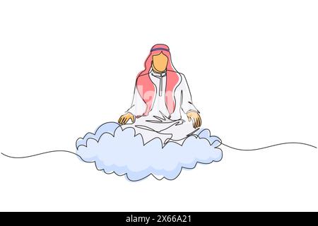 Un seul employé de bureau de dessin d'une ligne ou un homme d'affaires se détend et médite en position de lotus sur les nuages. Homme arabe joyeux se relaxant avec yoga ou medi Illustration de Vecteur