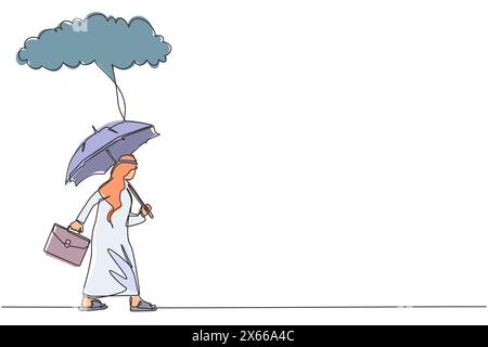 Simple une ligne dessinant homme d'affaires arabe avec porte-documents et porte-parapluie sous le nuage de pluie. Dépression, passant par temps pluvieux. Homme trempé, w Illustration de Vecteur