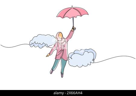 Une seule ligne continue dessinant une heureuse riche femme d'affaires arabe volant avec son parapluie tenant mallette. Les employés de bureau deviennent indépendants sur le plan financier Illustration de Vecteur