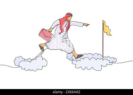 En continu une ligne dessinant courageux homme d'affaires arabe courageux faire du risque en sautant par-dessus les nuages pour atteindre sa cible de succès ou drapeau. Défi de ses soins Illustration de Vecteur