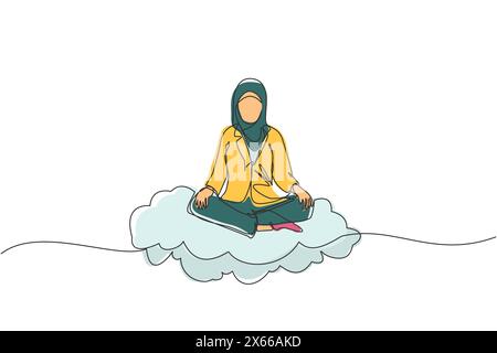 Continue d'une ligne dessinant femme d'affaires arabe se détend, médite en position de lotus sur les nuages. Femme mignonne se relaxant avec la pose de yoga ou de méditation. Si Illustration de Vecteur