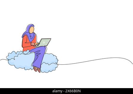 Simple une ligne dessinant femme d'affaires arabe assise sur le nuage dans le ciel et travaillant avec un ordinateur portable. Connexion sans fil. Réseautage social, chatter en utilisant CLO Illustration de Vecteur